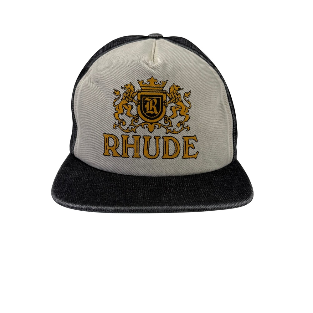 Rhude Crest Trucker Hat Black Cream Gold Embroidered Snapback Cap One Size